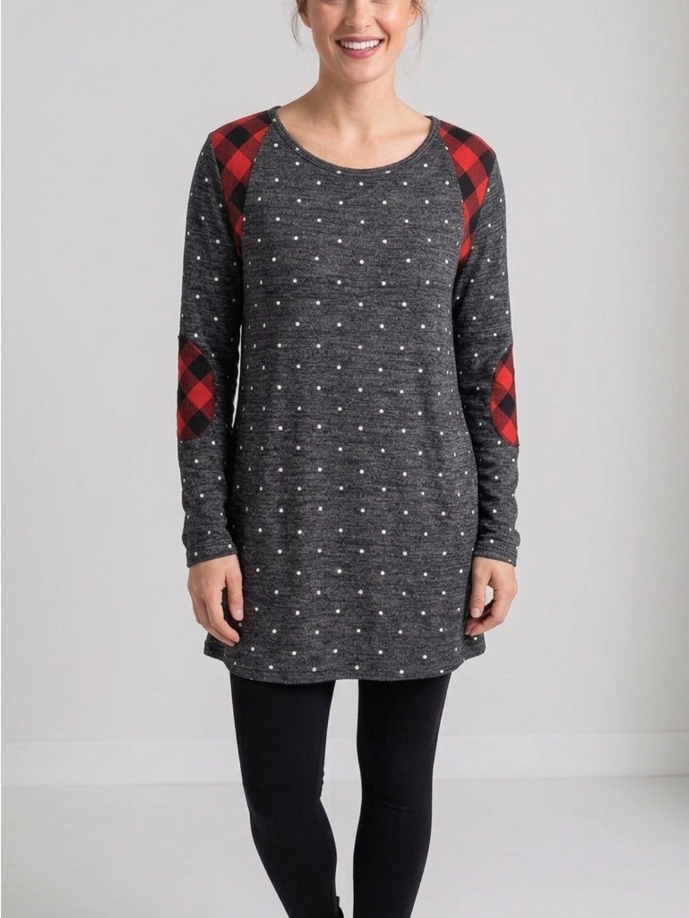 Charcoal Dot Tunic with Red Plaid Shoulder and Elbow Accents